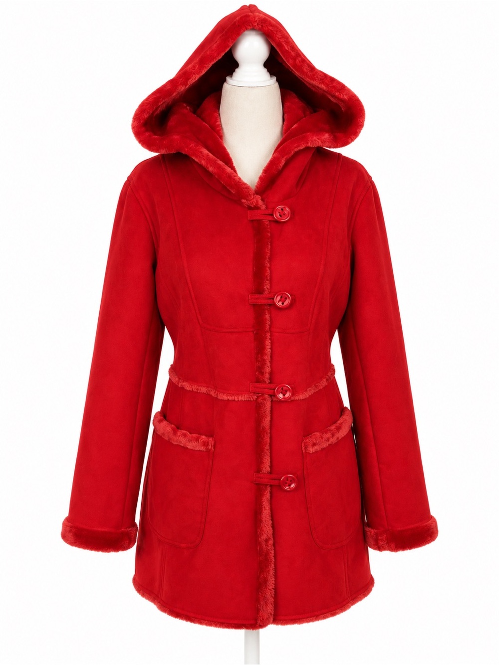 Jones New York Womens S Red Faux Shearling Hooded Coat Y2K Toggle Teddy Jacket